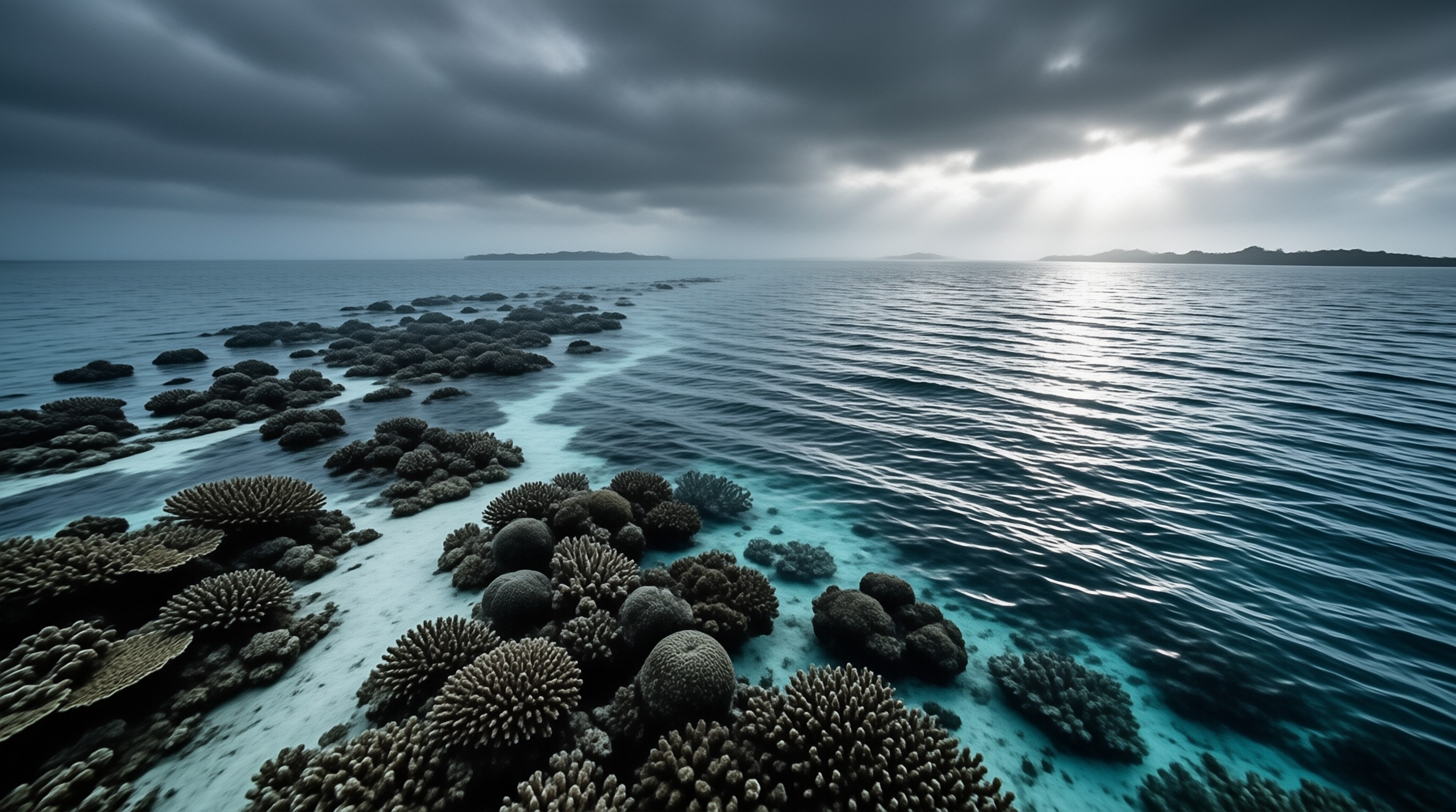 An aerial view of a coral reef system where shallow turquoise water meets darker ocean depths under a moody cloudy sky.