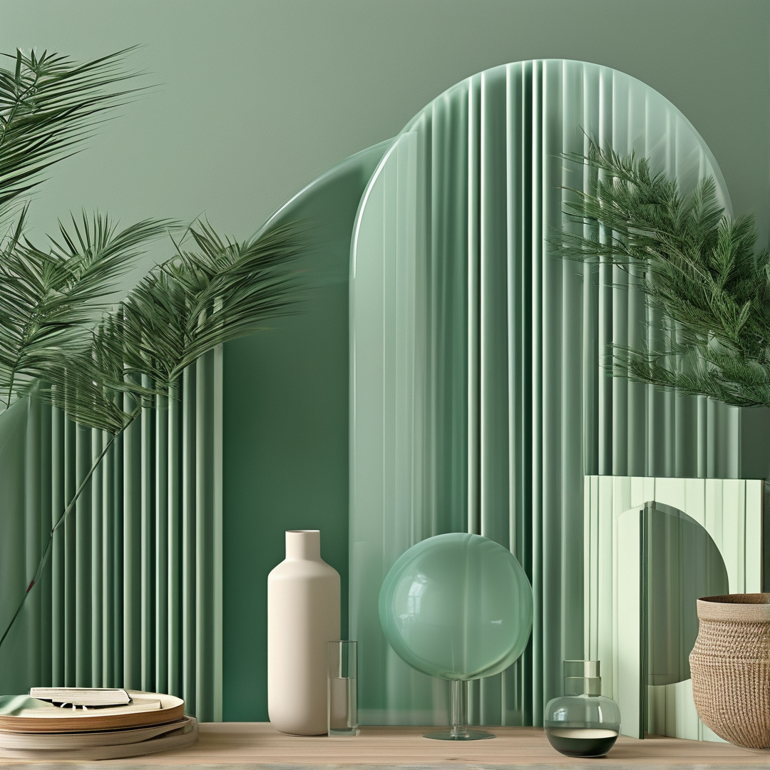 A frosted glass globe, ceramic bottle, woven basket, and palm fronds arrange themselves on wood before ribbed green arches