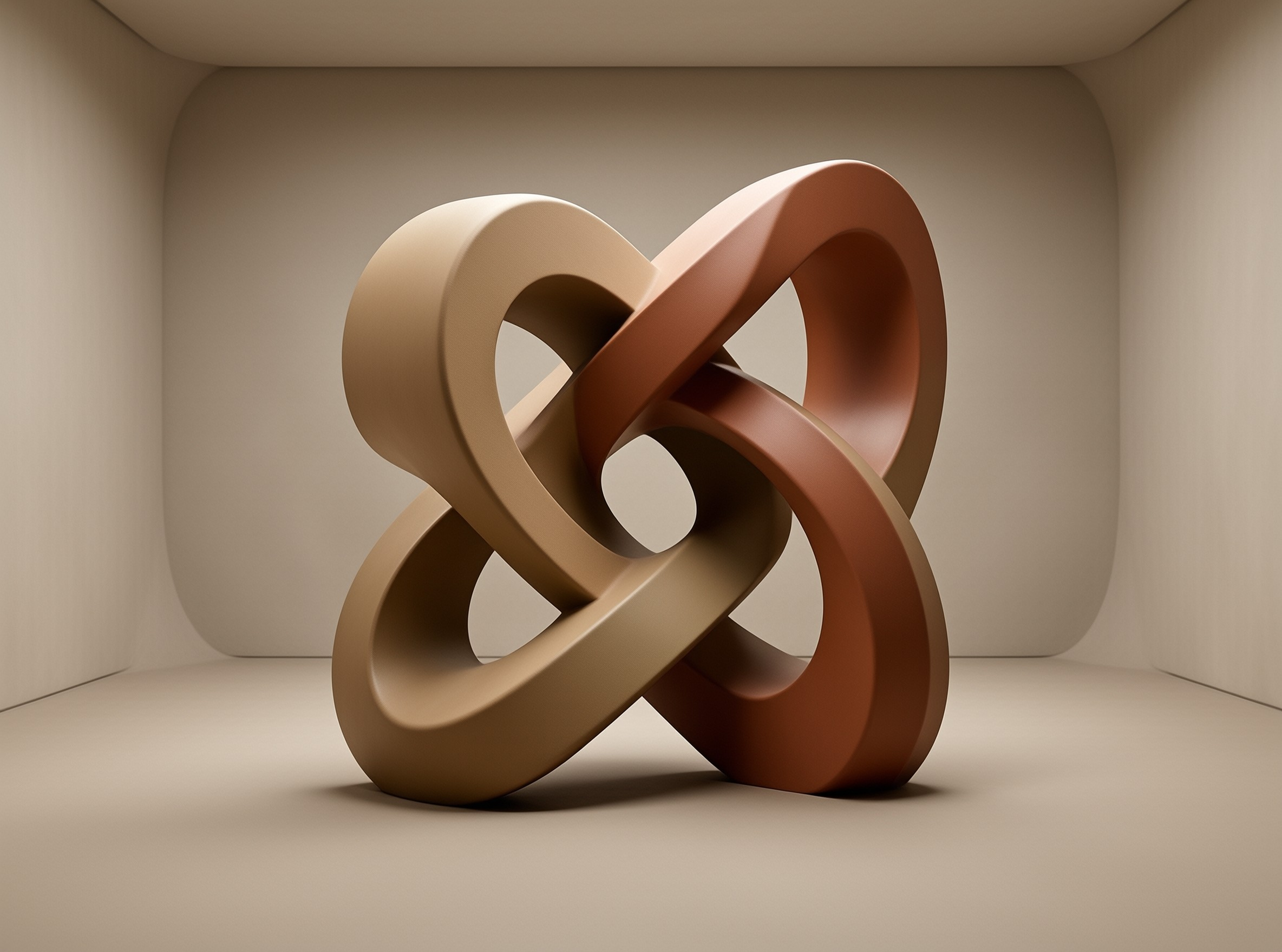 Two smooth rounded bands in beige and rust interlock into a knot on a neutral surface under soft diffused light.