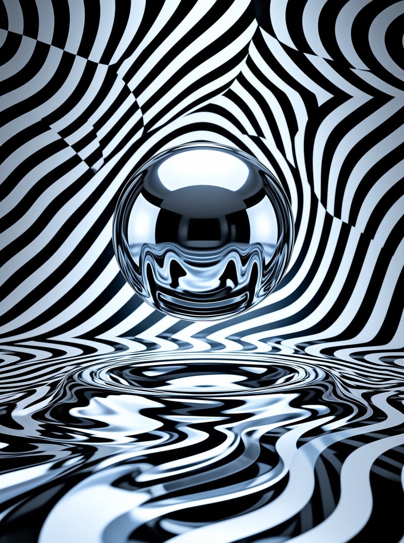 A transparent orb suspends over a rippling surface distorted by bold contrasting curved lines.