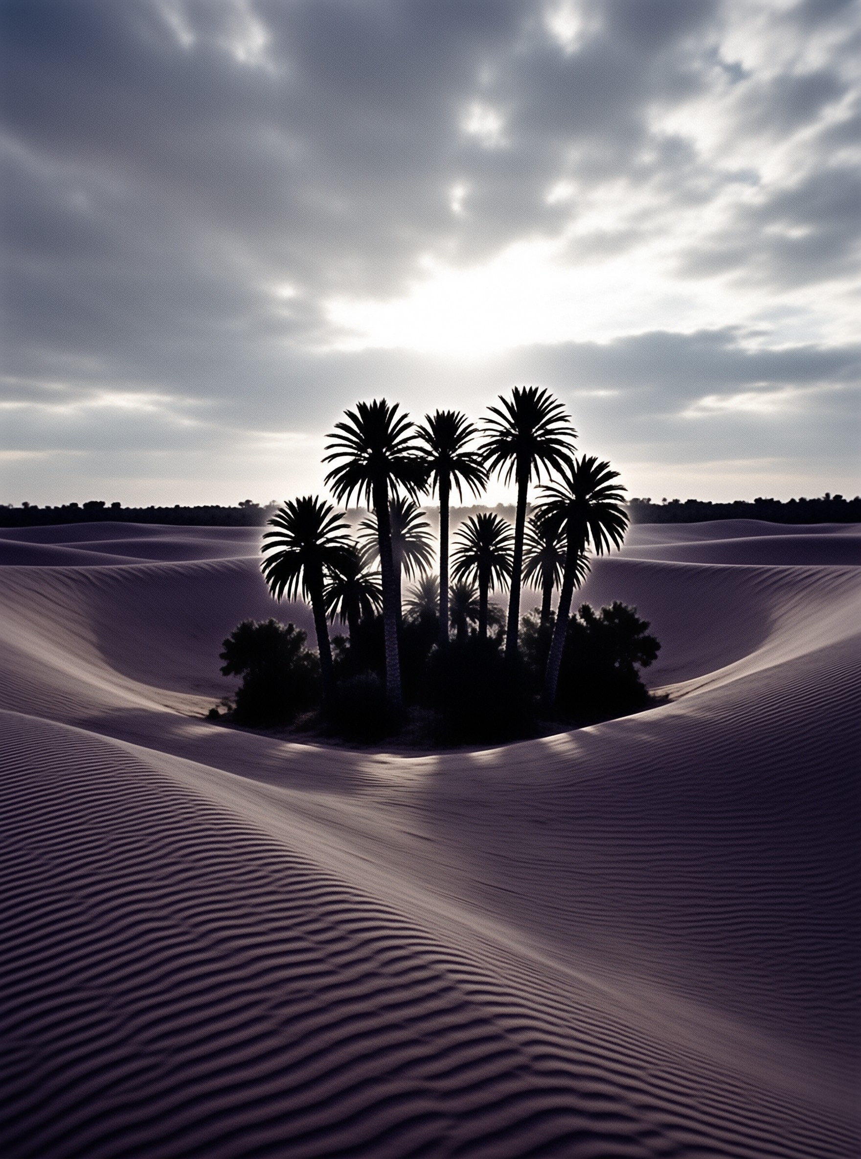 A cluster of dark palm trees stands in the middle of rippled sand dunes under a bright cloudy sky.