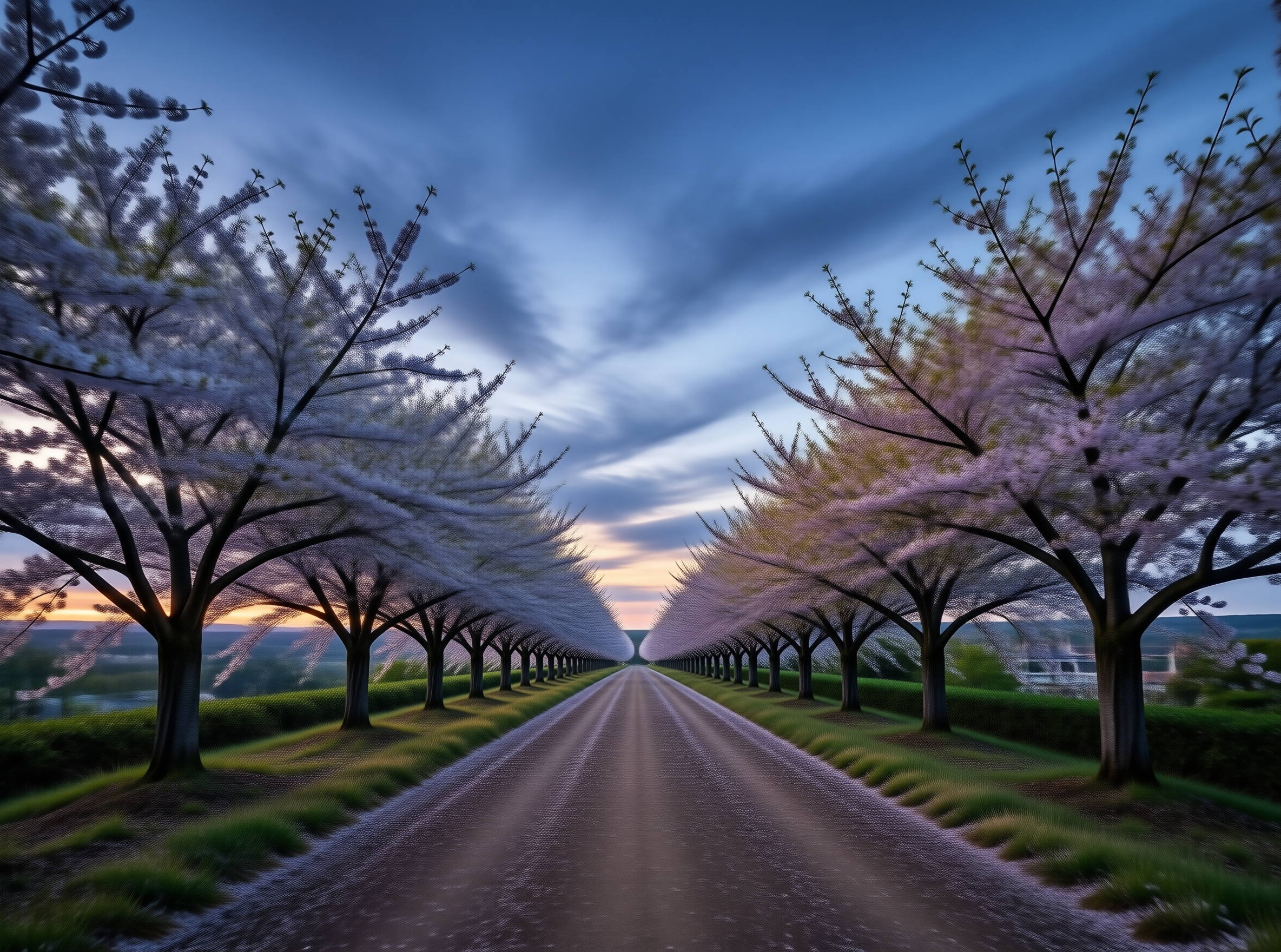 Blossoming Road at Dusk