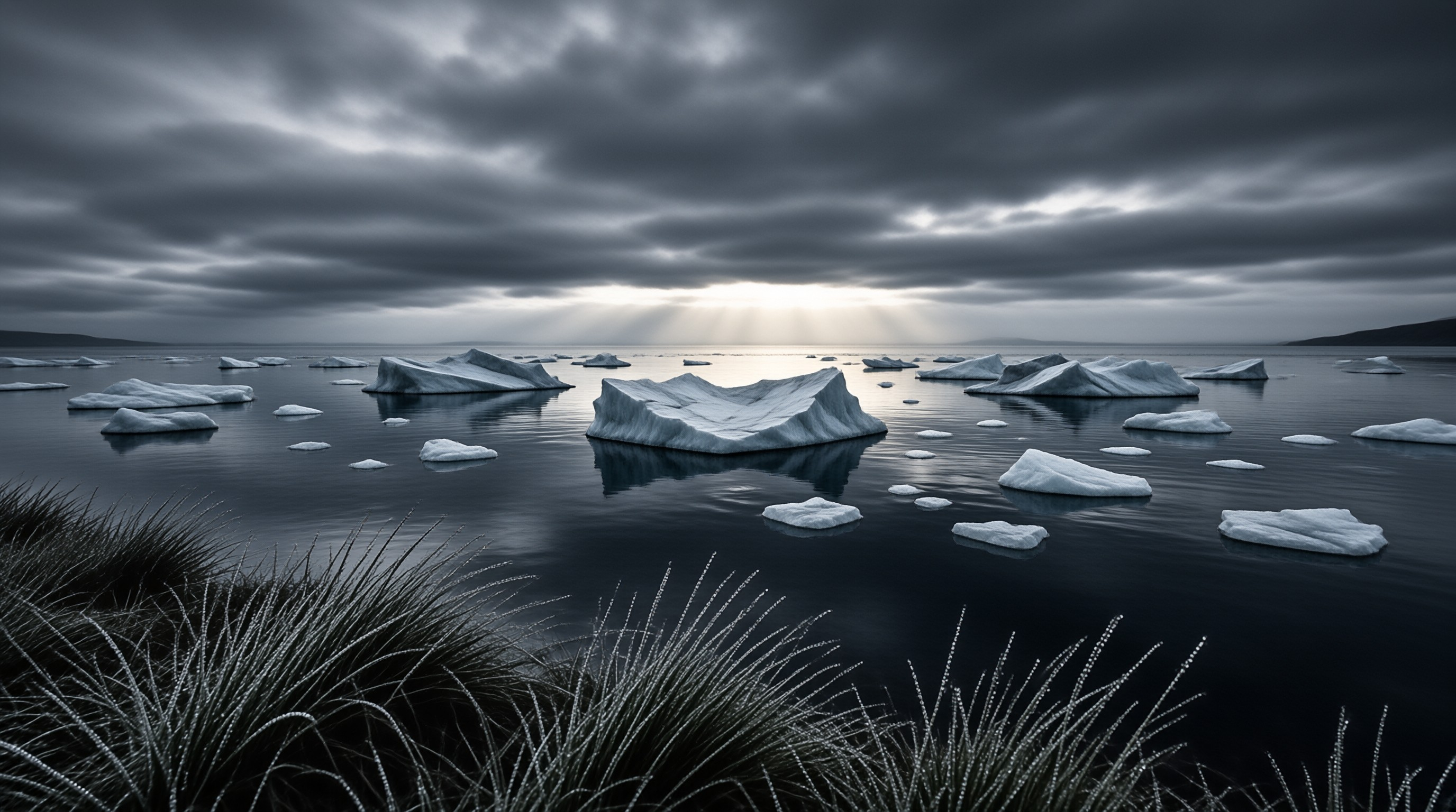 Large chunks of white ice float on dark water while sunlight beams through heavy clouds above the horizon.