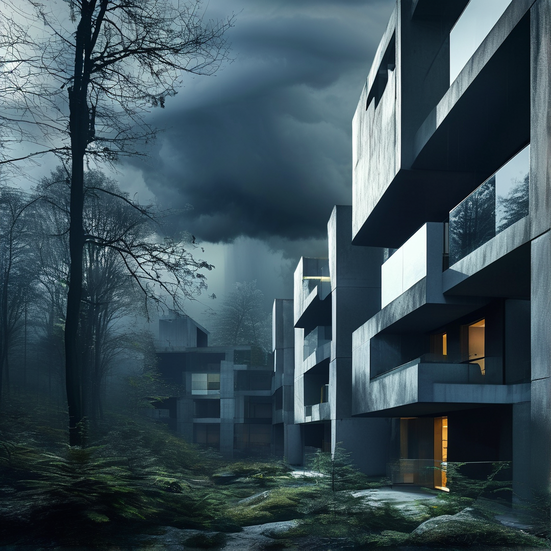 Modern Homes in Misty Forest