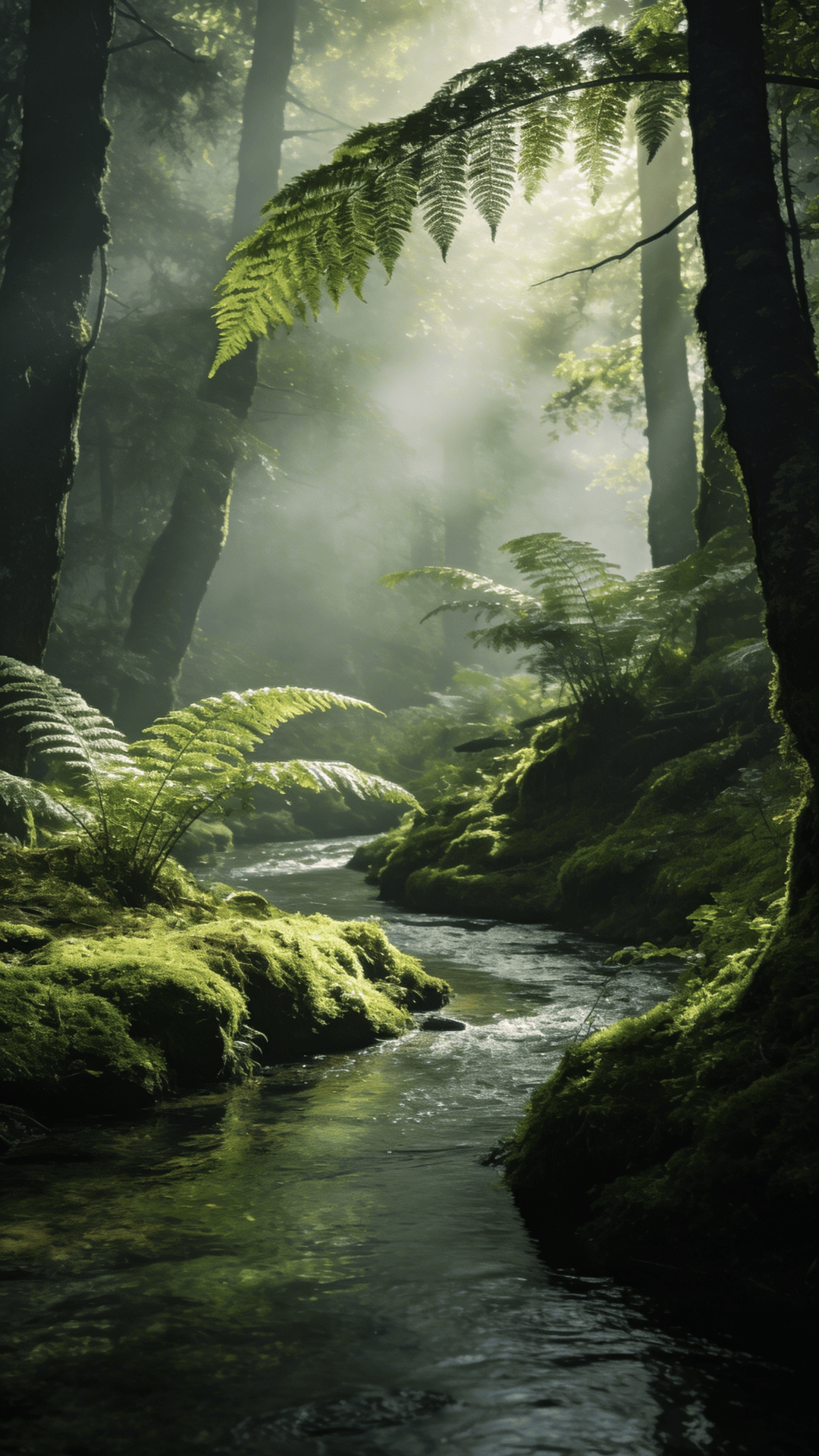 Misty Healing Forest with Sunlit Ferns