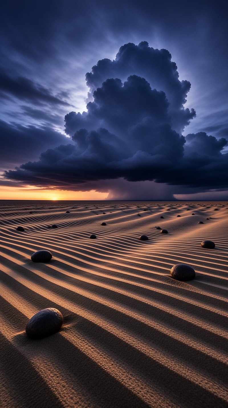 Winding desert ripples lead the eye toward a glowing orange horizon beneath a massive dark cumulonimbus formation.