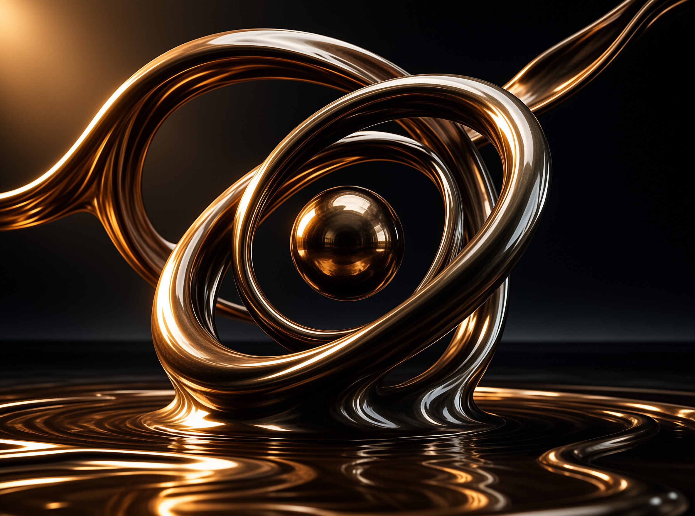 Glossy bronze rings twist and overlap around a central reflective ball, rising from a rippling pool of liquid metal.