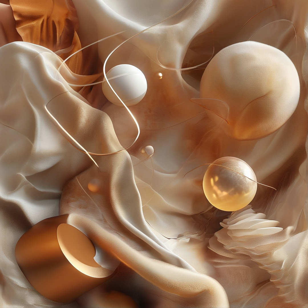 Smooth beige fabric folds surround glossy golden spheres within a warm amber colored abstract composition.