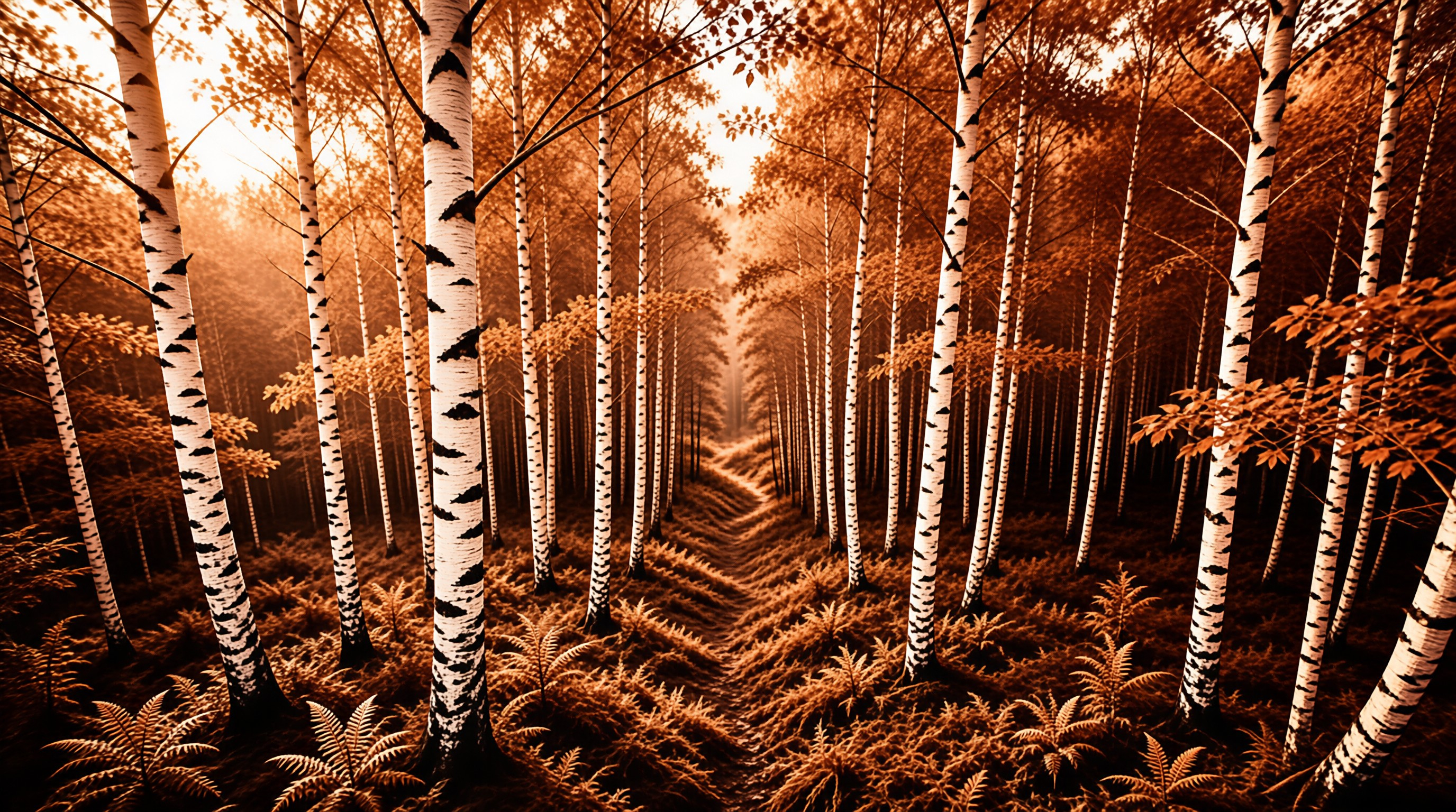 Slender white birch trunks line a fern-covered trail glowing with warm golden haze deep in an autumn woodland.