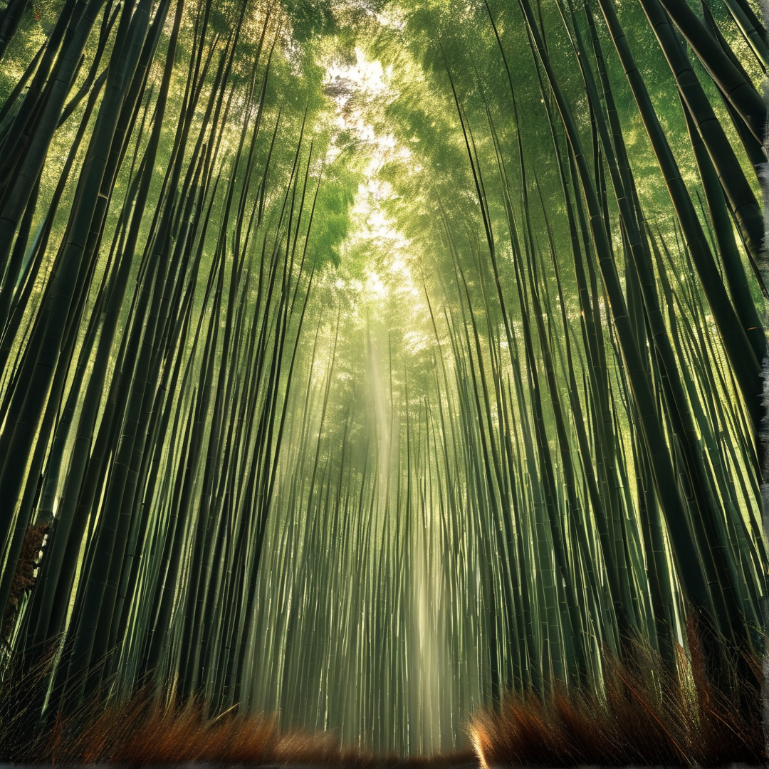 A low angle view looks up through dense green bamboo stalks as bright sun rays shine down through the canopy above.