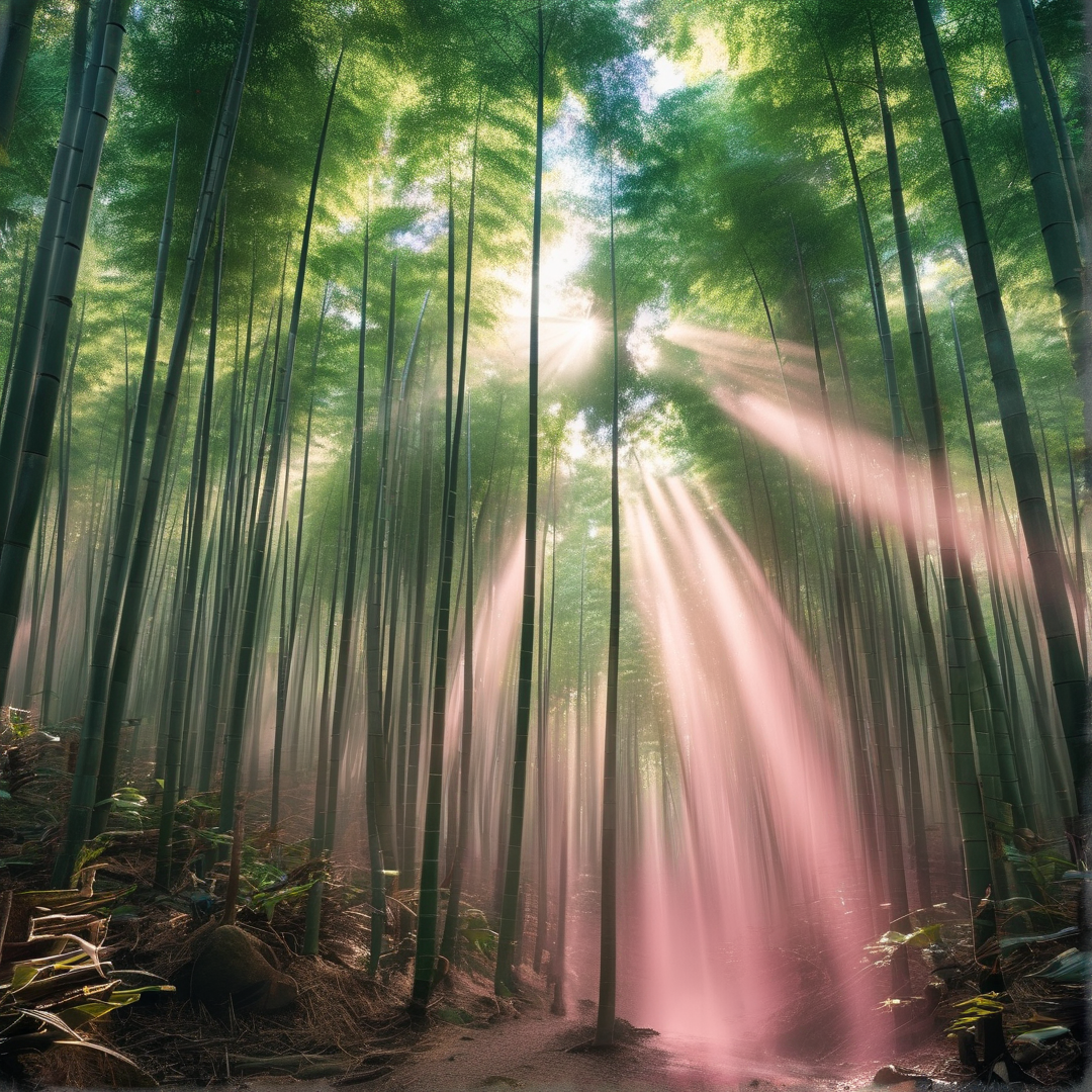 Vertical green bamboo stalks fill a forest scene as bright sunbeams cut through the leaves.