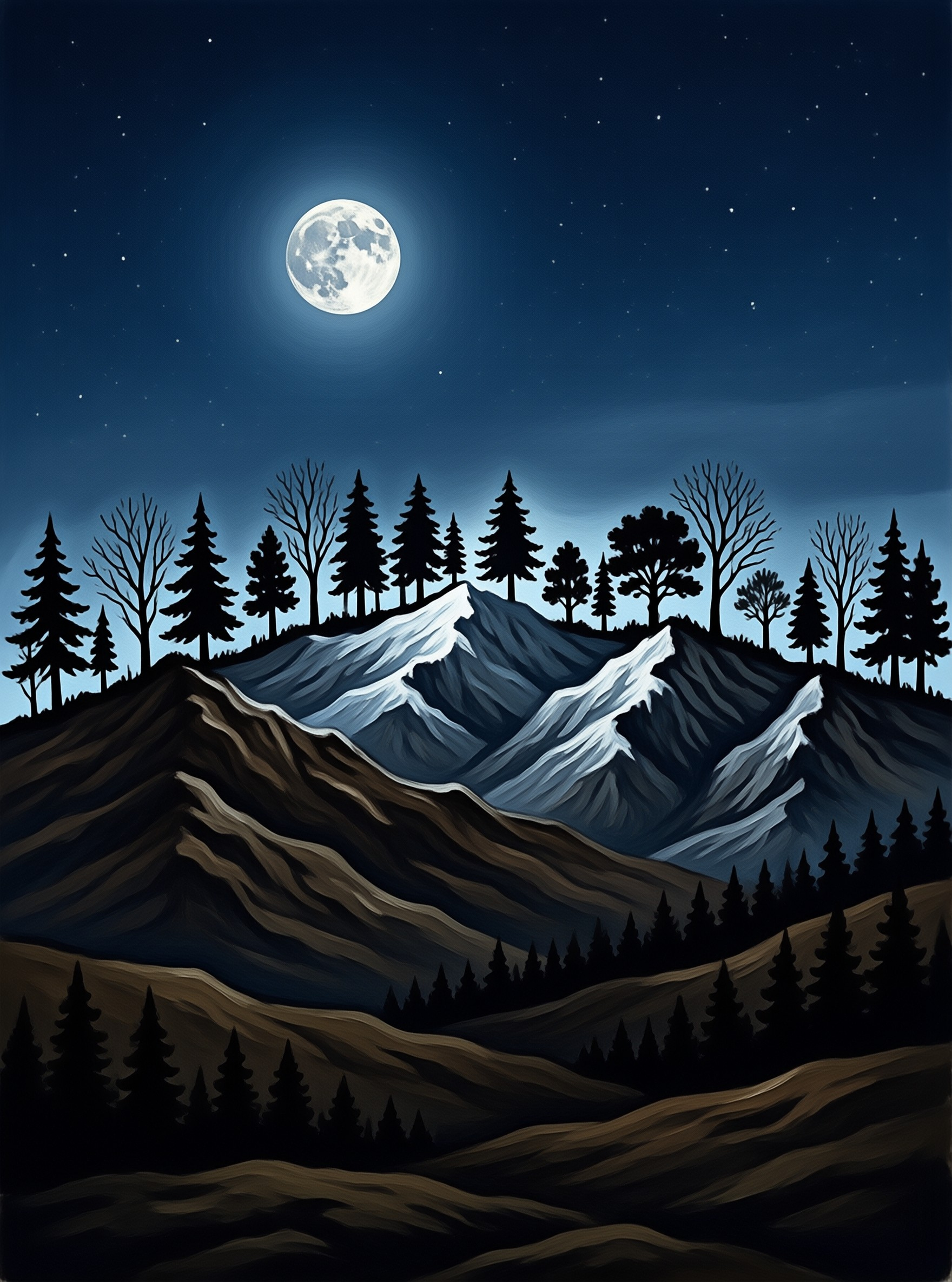 Snow covered mountain peaks and dark silhouetted trees stand beneath a large glowing full moon in a starry night sky.