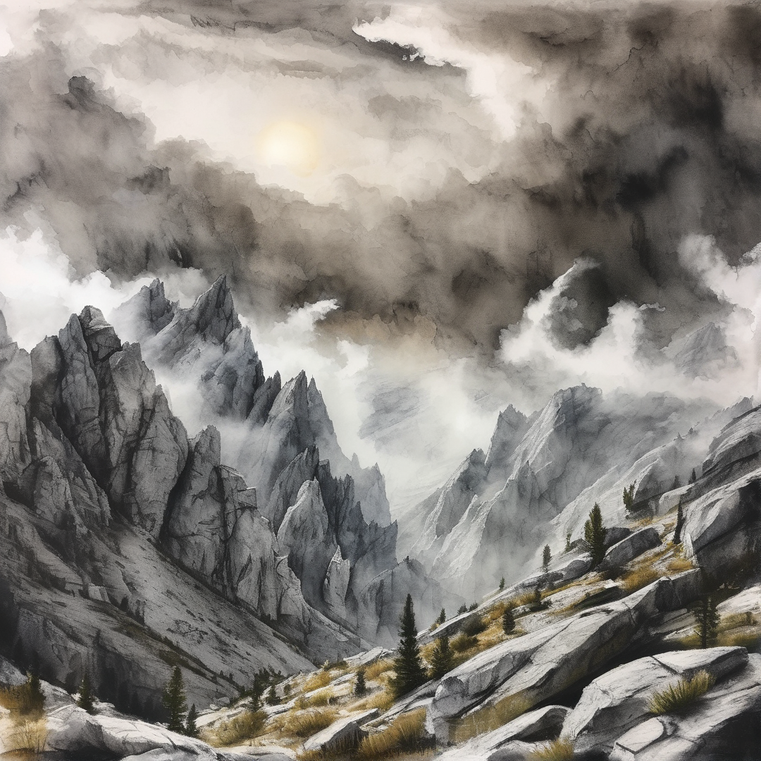 A watercolor painting of jagged grey mountains surrounded by swirling clouds with sunlight breaking through.