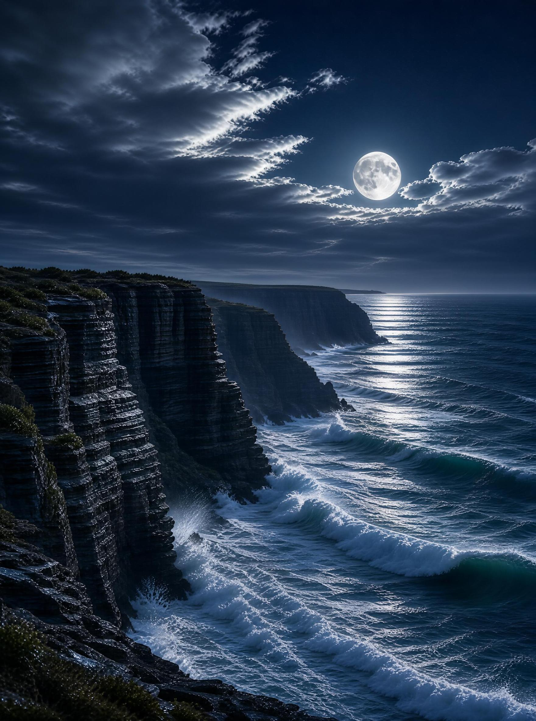 Moonlit Cliffs and Ocean