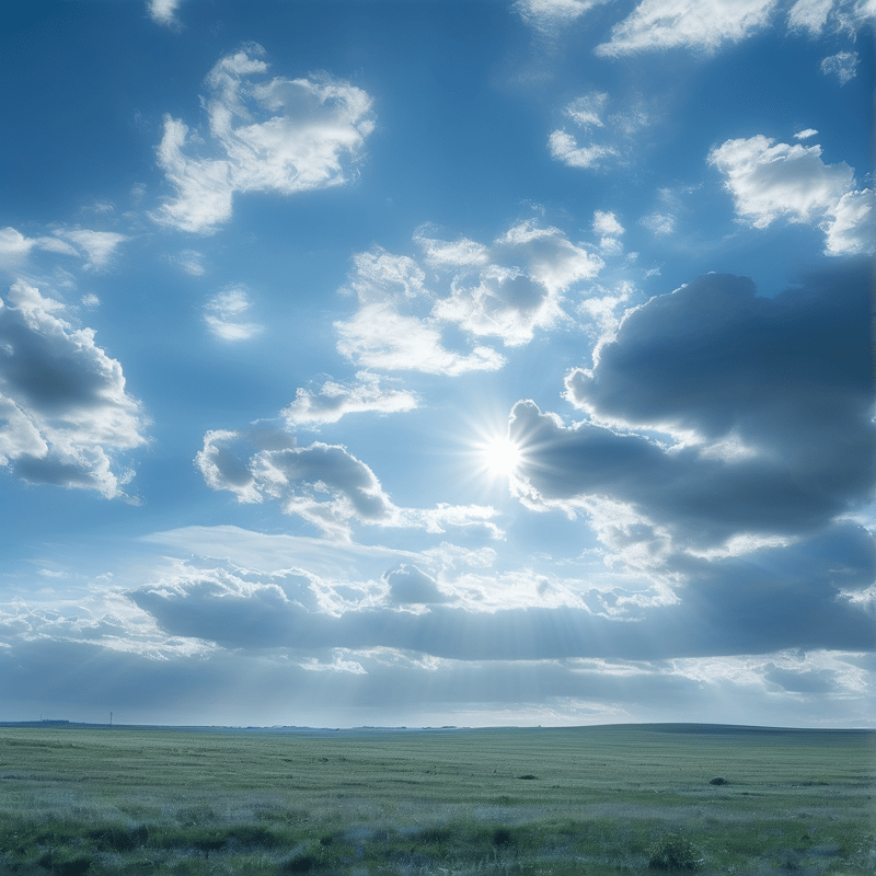 A vast green field stretches to the horizon under a bright blue sky with scattered clouds and sunbeams.