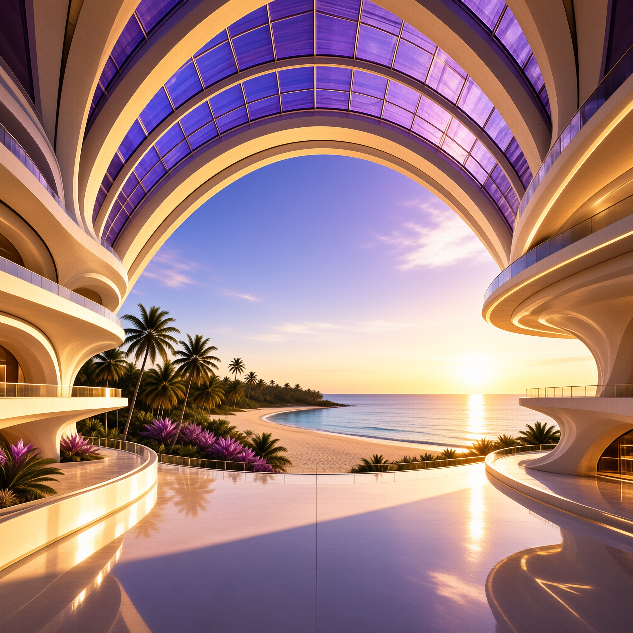 A futuristic white building with purple glass ceilings overlooks a golden sunset over the ocean and palm trees.