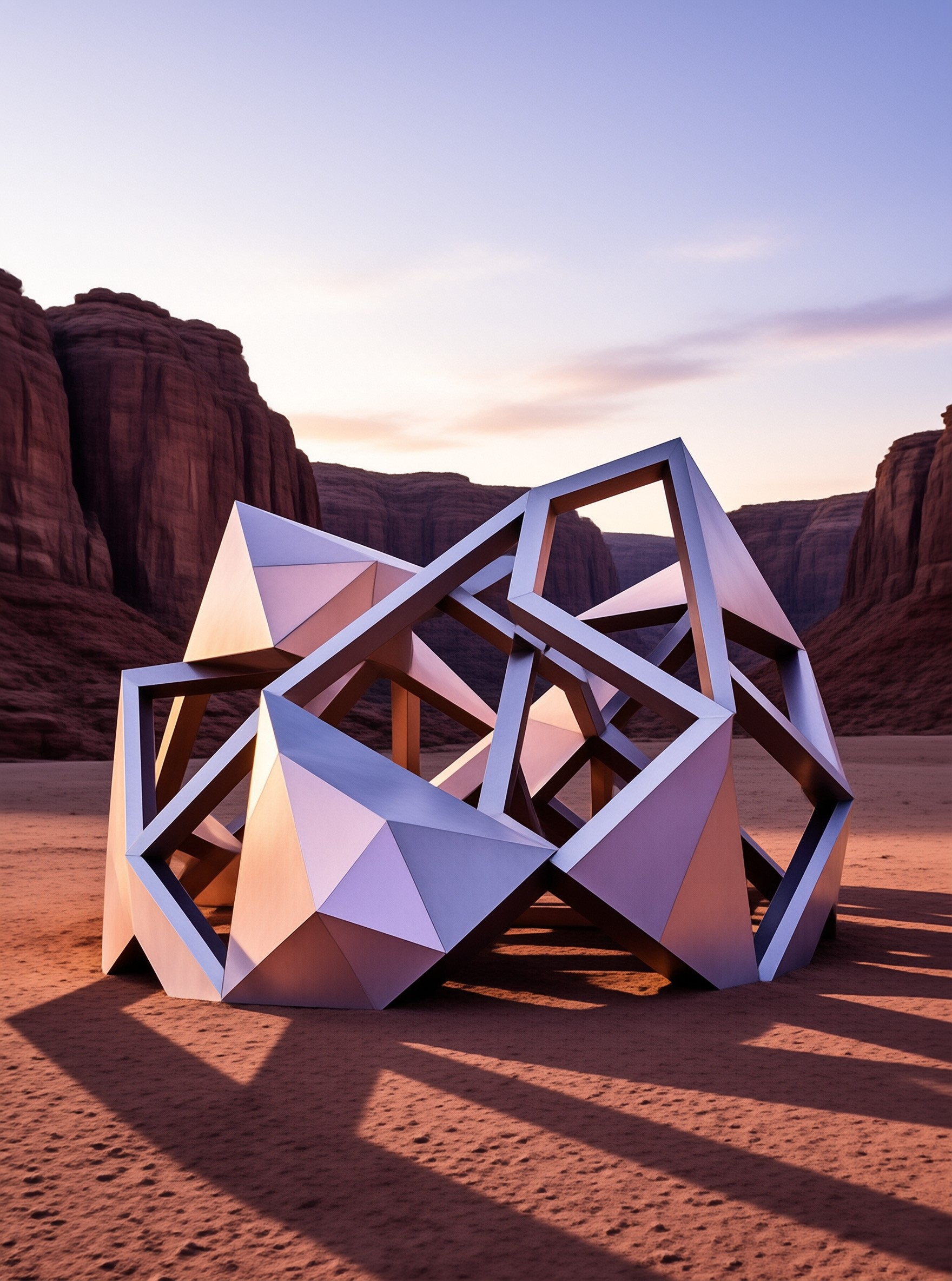 Interlocking metal beams form a geometric sculpture on red desert sand near rocky cliffs at sunset.