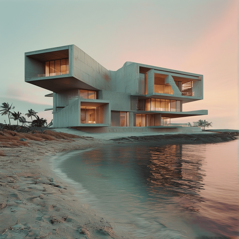 A large modern concrete house stands on a sandy beach with warm lights glowing inside during a pink sunset.