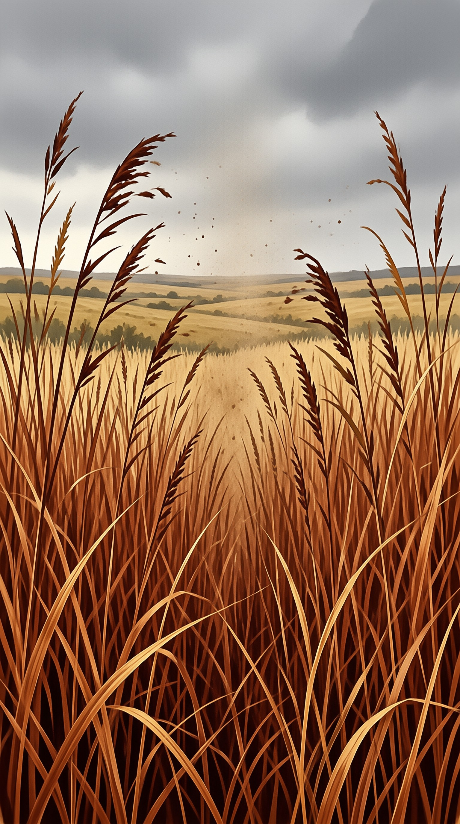 Tall brown wheat stalks stand in the foreground framing a view of rolling golden hills beneath a heavy overcast sky.
