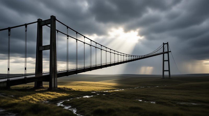 Massive bridge spans rolling green hills while bright sunlight breaks through heavy storm clouds above the landscape.