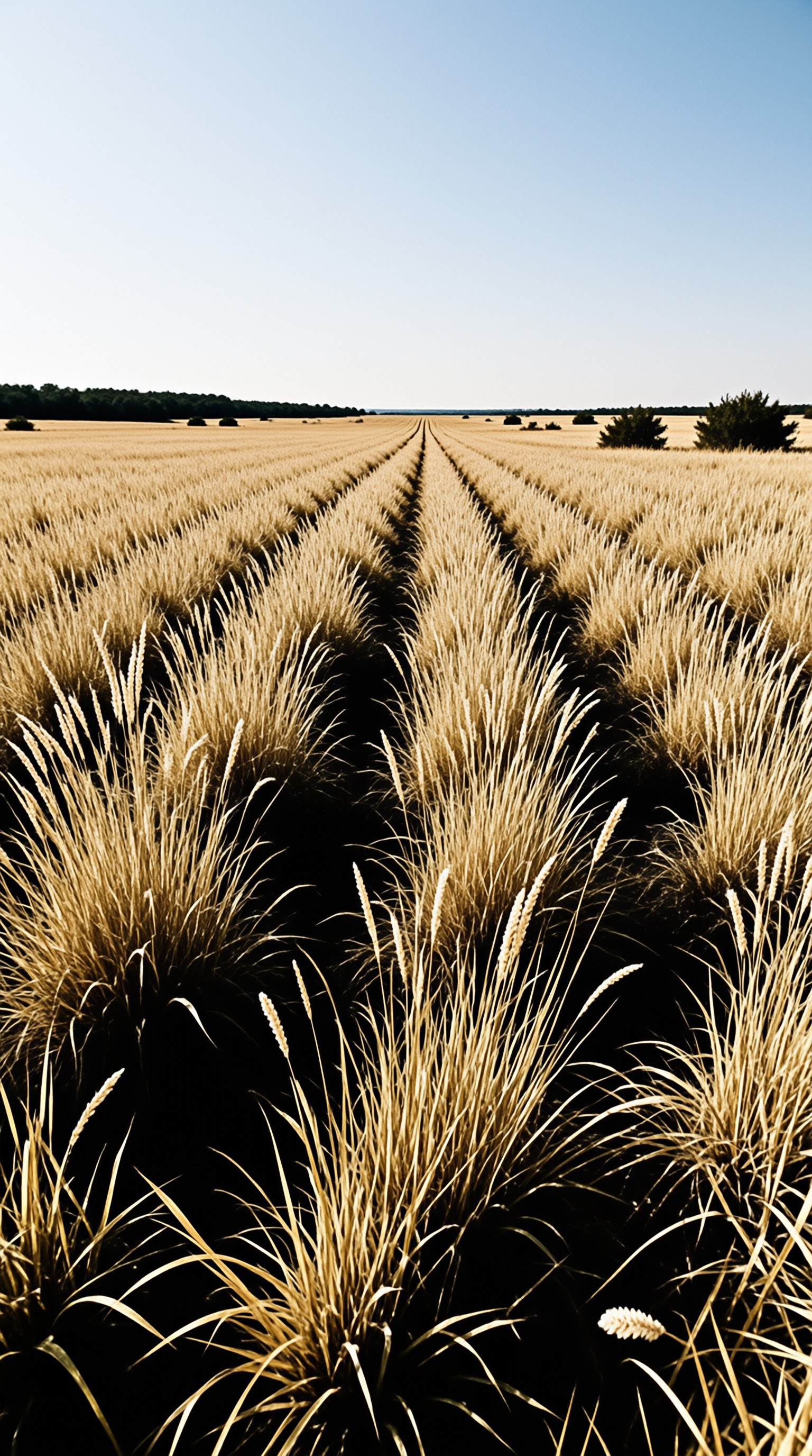 Ripe grain rows stretch across a flat landscape toward a treeline, featuring dark gaps between stalks under a clear sky.