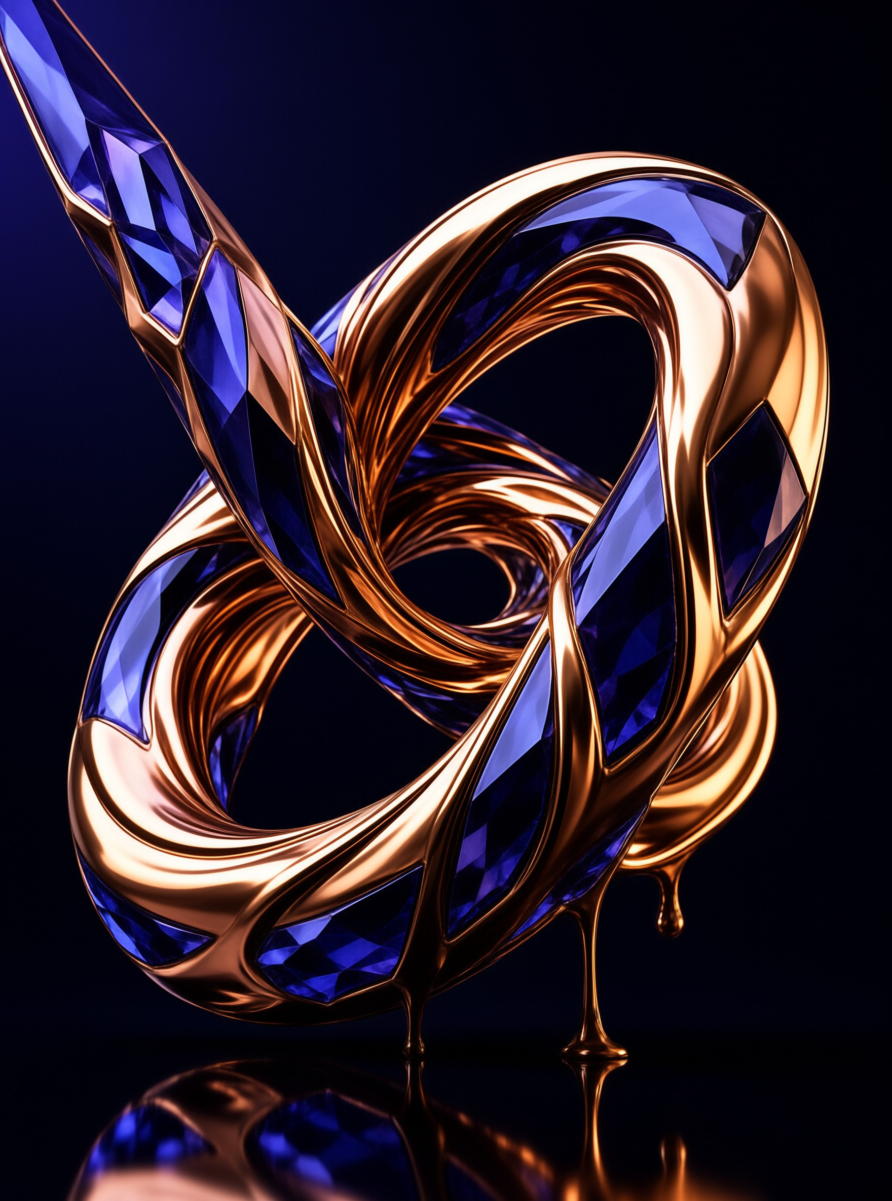 Twisted copper form with blue sapphire inlays against dark background lit to emphasize glossy curves and gem details