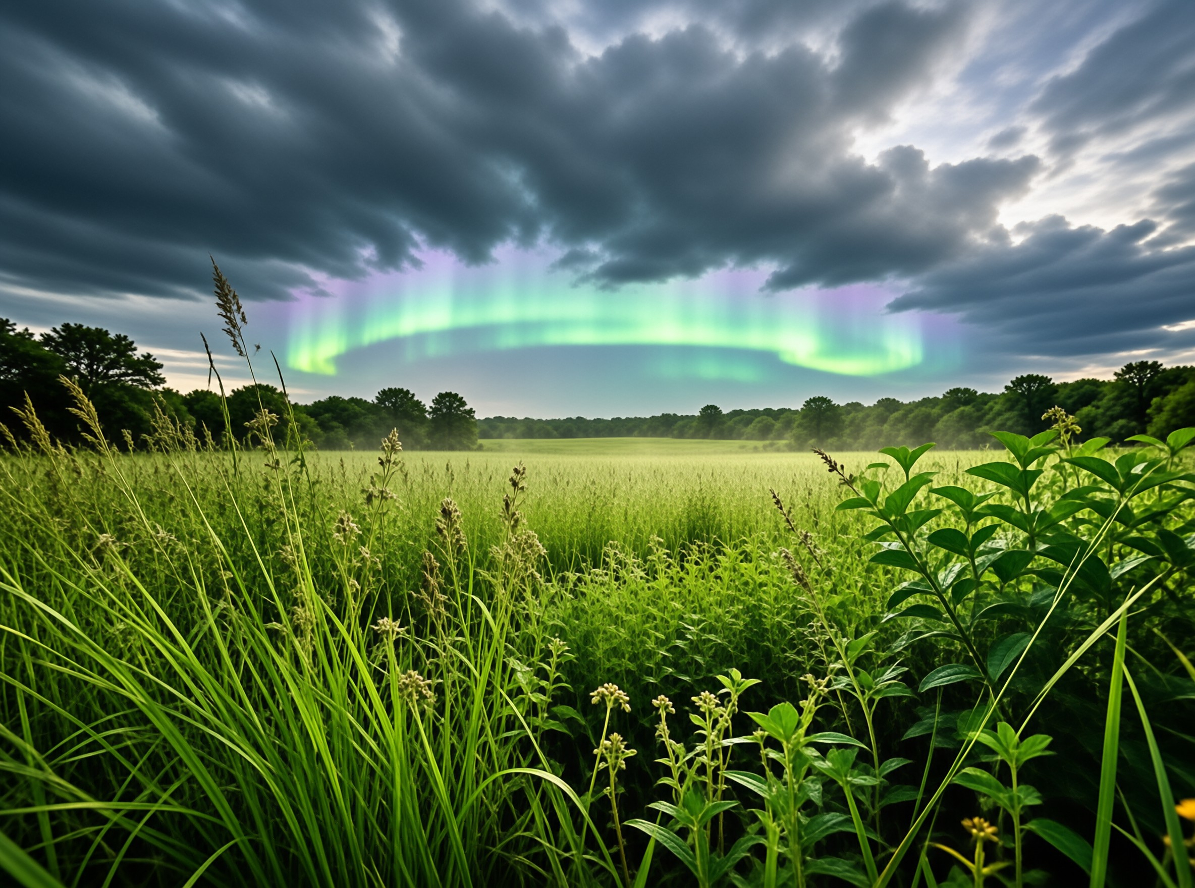 Aurora Over Green Field