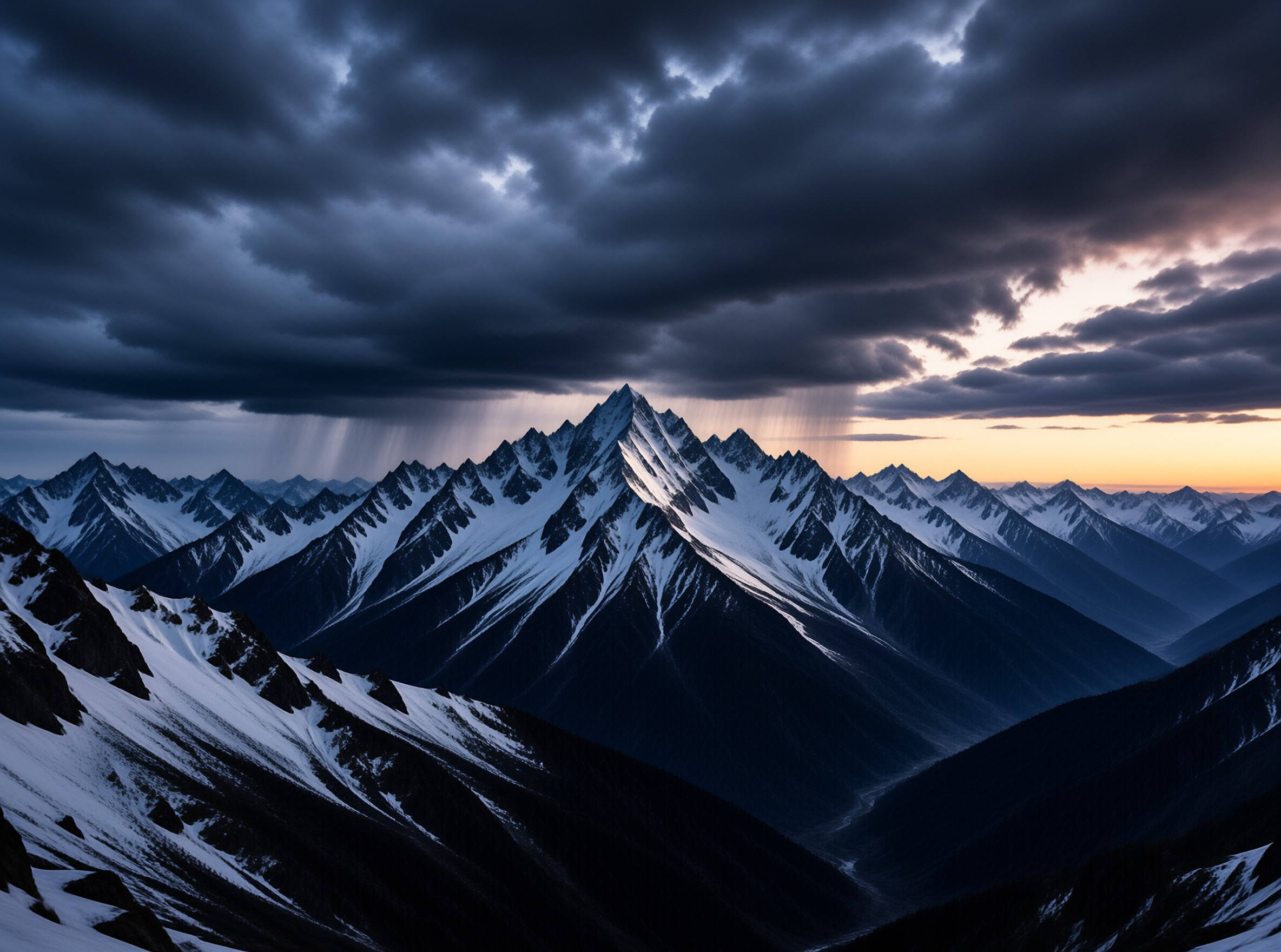 Snow covered mountains stand under heavy dark clouds with a strip of orange sunset light visible on the distant horizon.