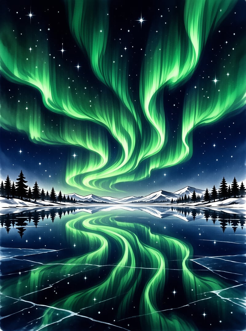 Emerald northern lights ripple across a starry sky above snow capped peaks and mirrored in a still frozen lake.