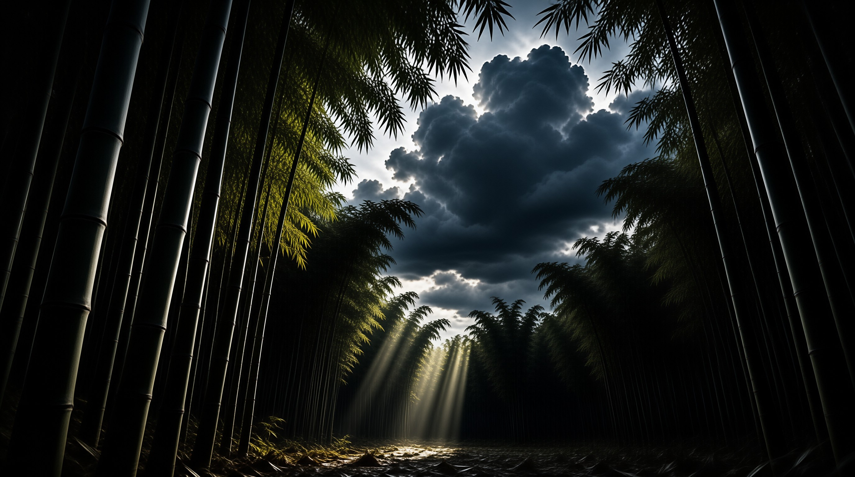 Tall bamboo stalks frame a dark stormy sky, and golden sunbeams break through clouds to fall on the forest floor below.