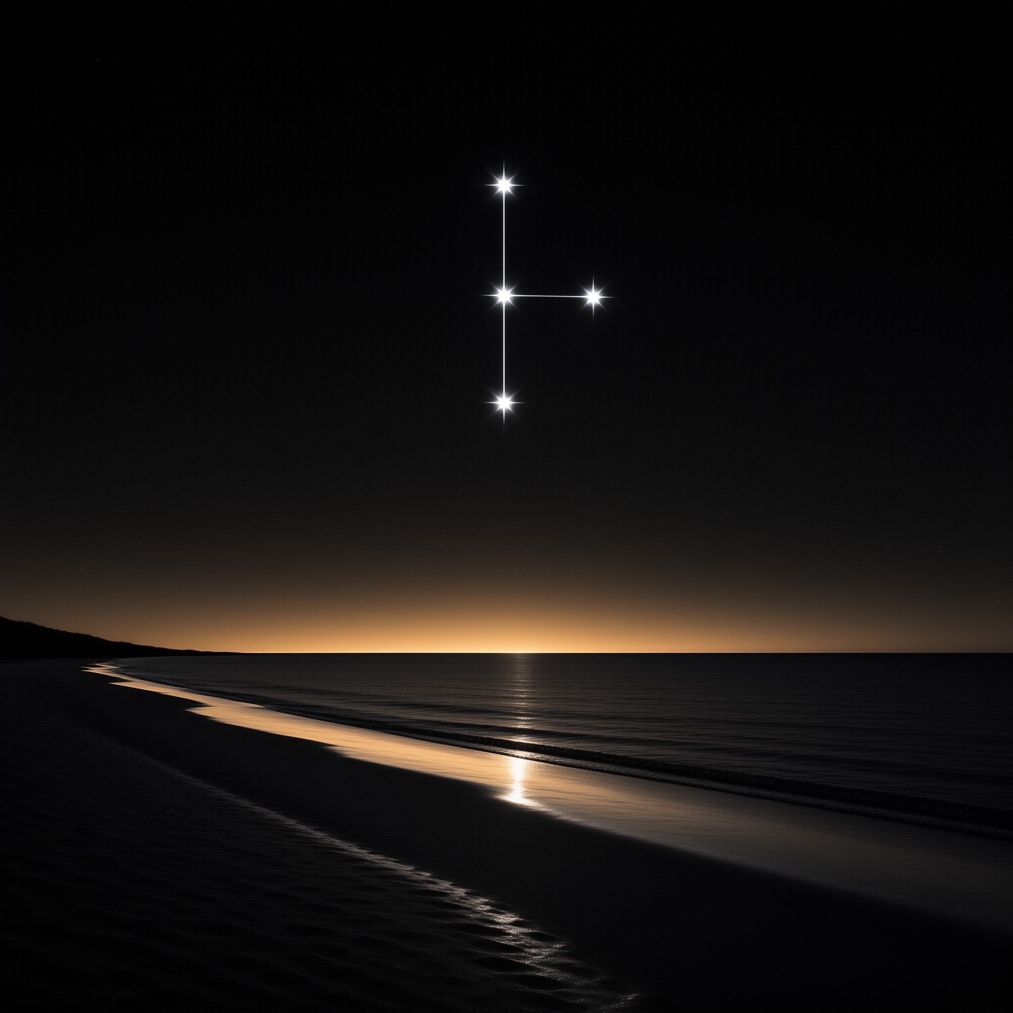 The Little Dipper constellation shines above a calm ocean shoreline reflecting the last light of sunset.