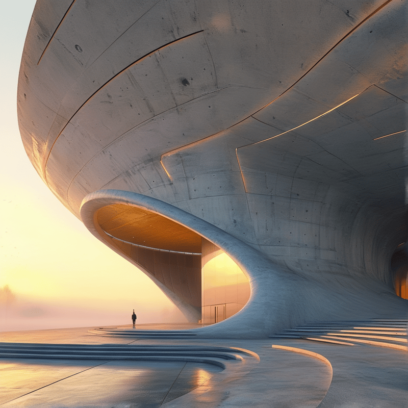 A massive curved concrete structure stands against a glowing sky with a tiny person in the distance.