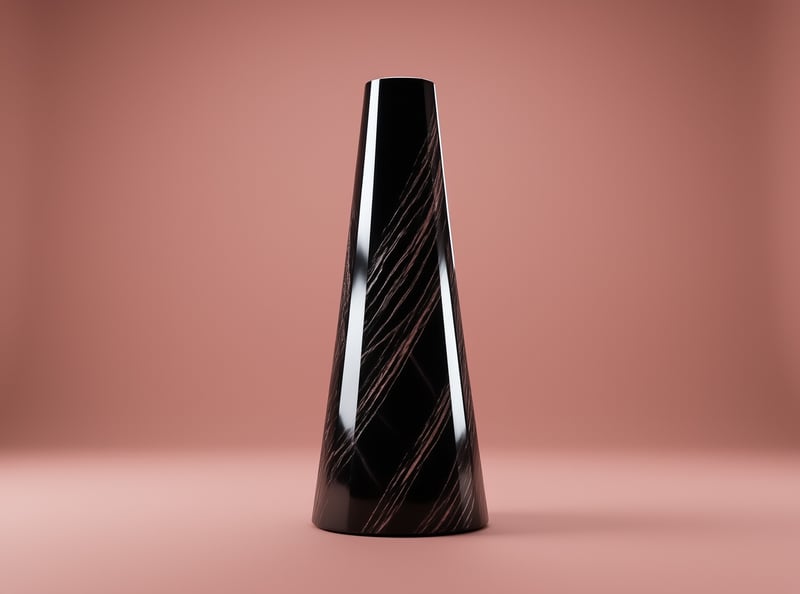 A tall tapered black container featuring diagonal copper metallic striations sits against a smooth pastel pink studio backdrop.