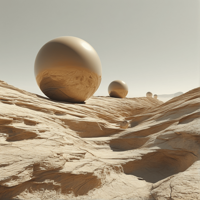 Several shiny spherical objects sit upon a textured beige landscape resembling eroded desert sand under soft lighting.