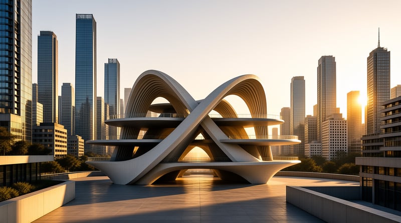 A flowing white double loop structure with tiered terraces stands before a glass skyline at sunset