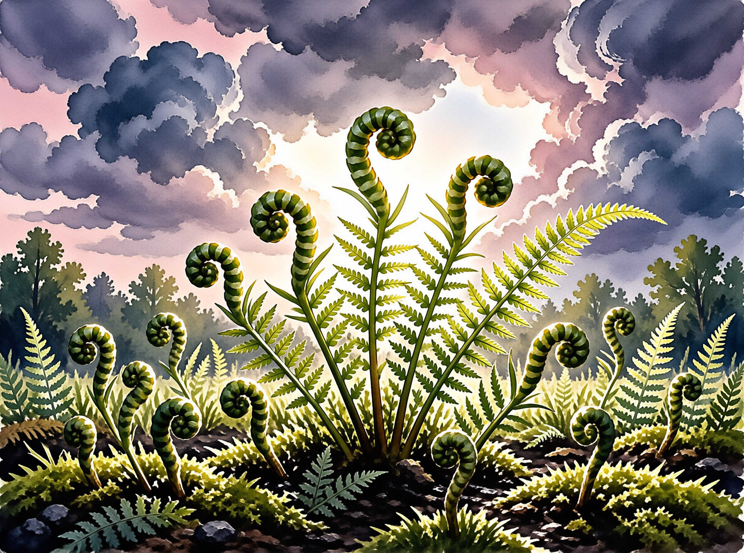 Green ferns with curled tips emerge from the forest floor beneath swirling purple and grey clouds.