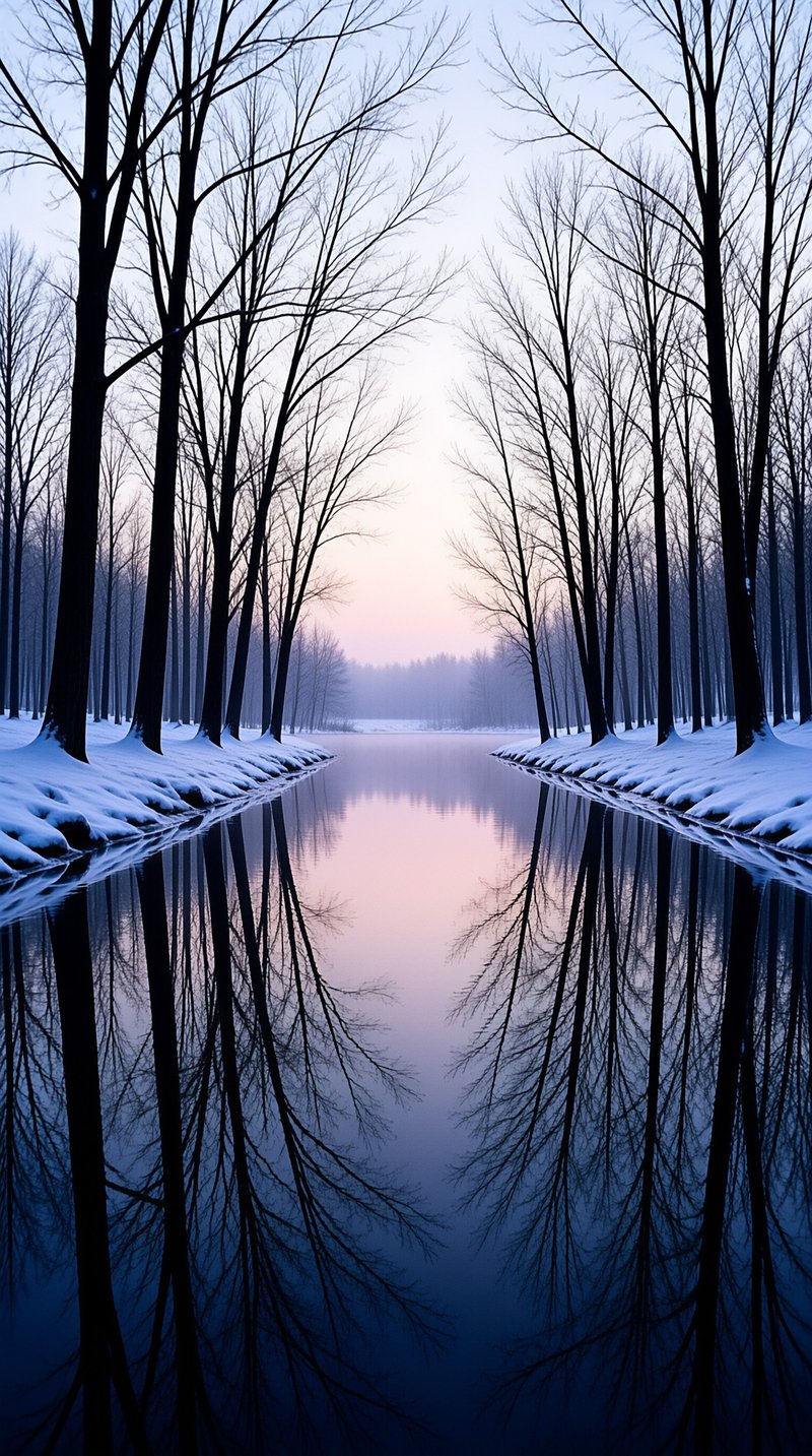 A tranquil view of leafless branches standing on frosty shores beside a calm stream during twilight.