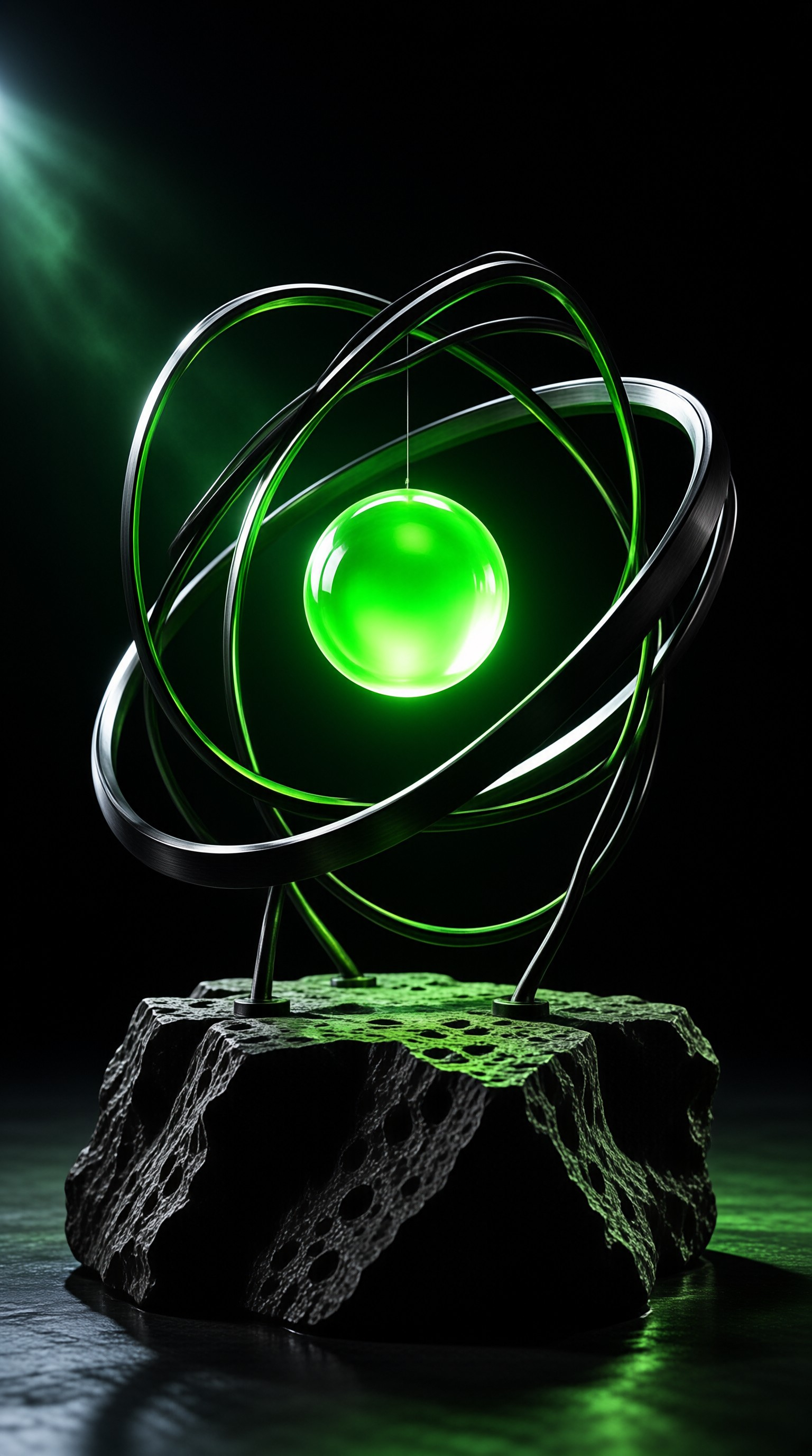 Bright green orb suspended inside dark metal gyroscope rings on a porous black rock base emitting soft green glow.