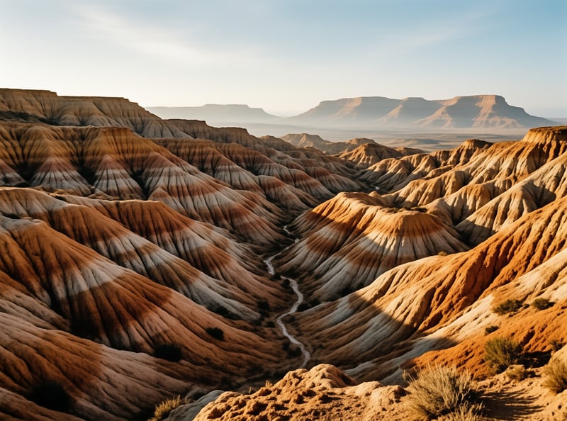 Sunlit eroded ridges with orange and pale bands descend toward a narrow wash beneath distant mesas.