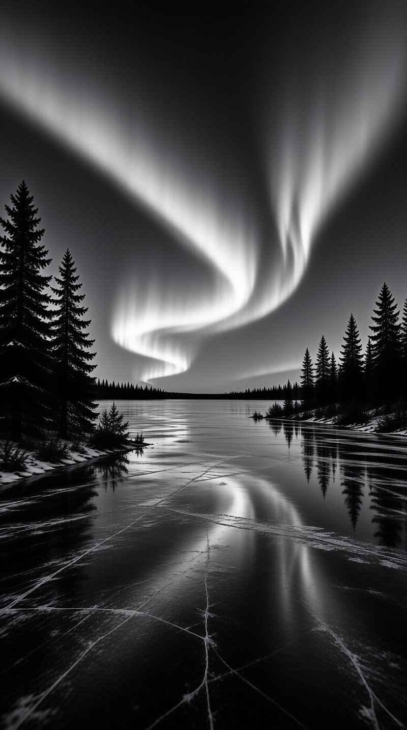 Monochrome landscape showing a bright aurora stream reflecting on cracked ice near silhouetted conifers.