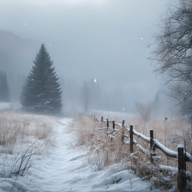 Snowy Fence and Misty Woods