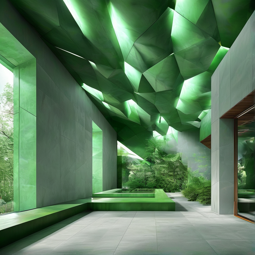 A futuristic interior space features a striking angular green ceiling above a grey-tiled floor, with large windows revealing a dense forest outside and low green seating along the walls.