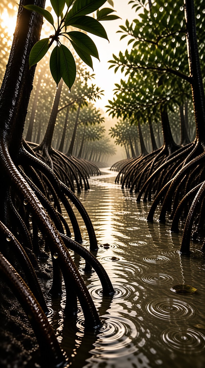 A perspective view looking down a narrow channel of dark water lined by rows of curved mangrove prop roots that create a tunnel-like effect leading towards a misty background where sunlight filters through the green canopy above and water droplets hang from the dark wet bark in the foreground while concentric ripples d