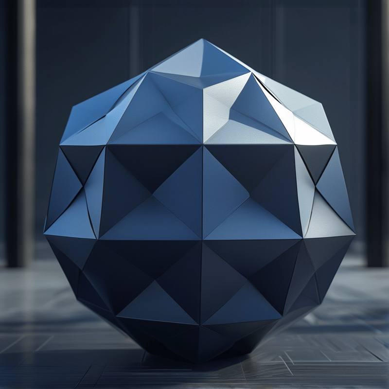 A faceted blue geometric shape sits on a textured floor illuminated by a soft light source from above.