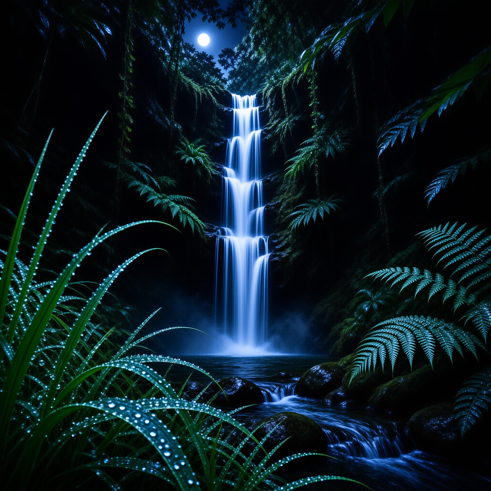 Moonlit Waterfall in Forest