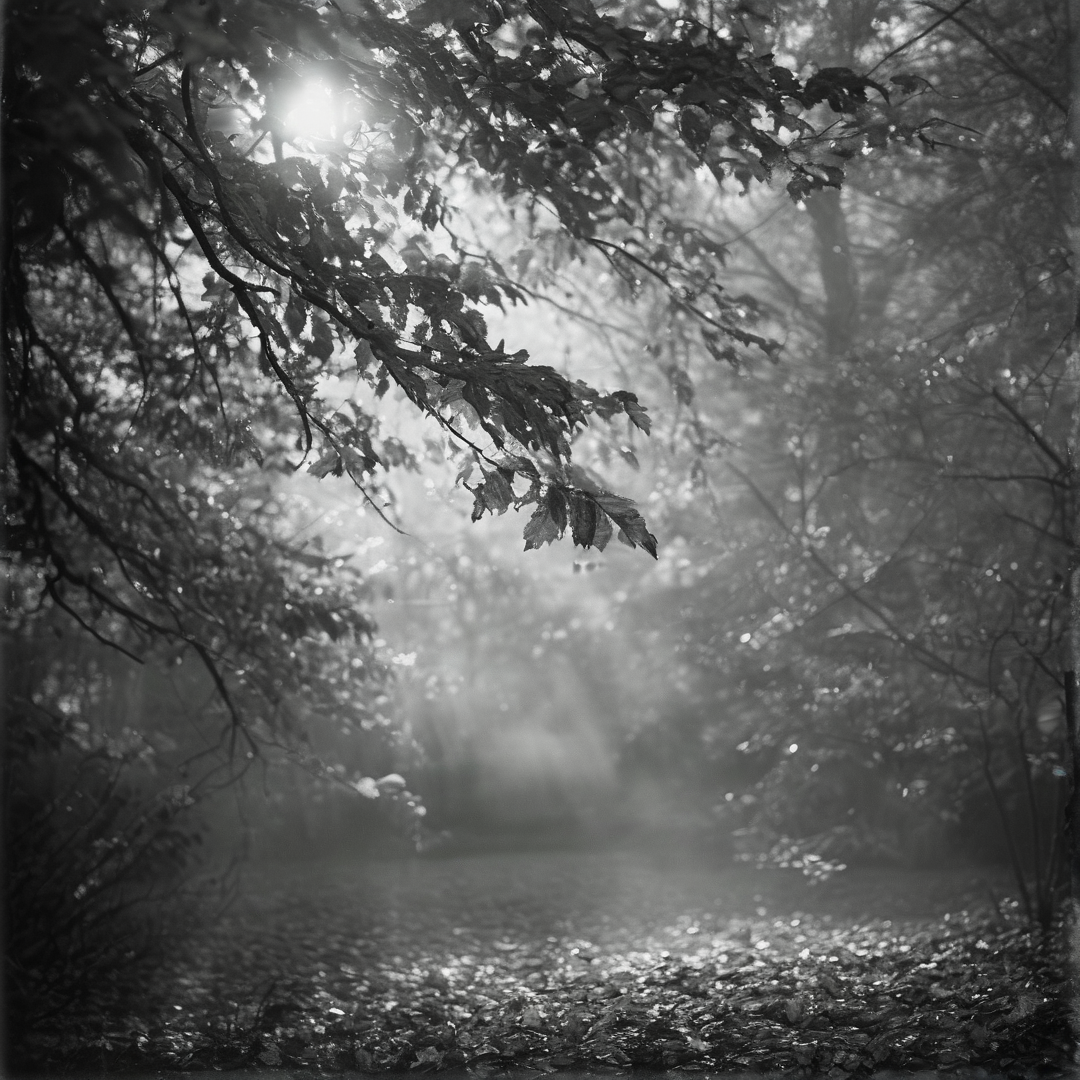 Dark branches extend from the left as bright sunlight filters through the canopy above a foggy forest floor in monochrome.