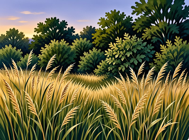Golden wheat stalks sway in a field surrounded by lush green trees under a warm sunset sky.