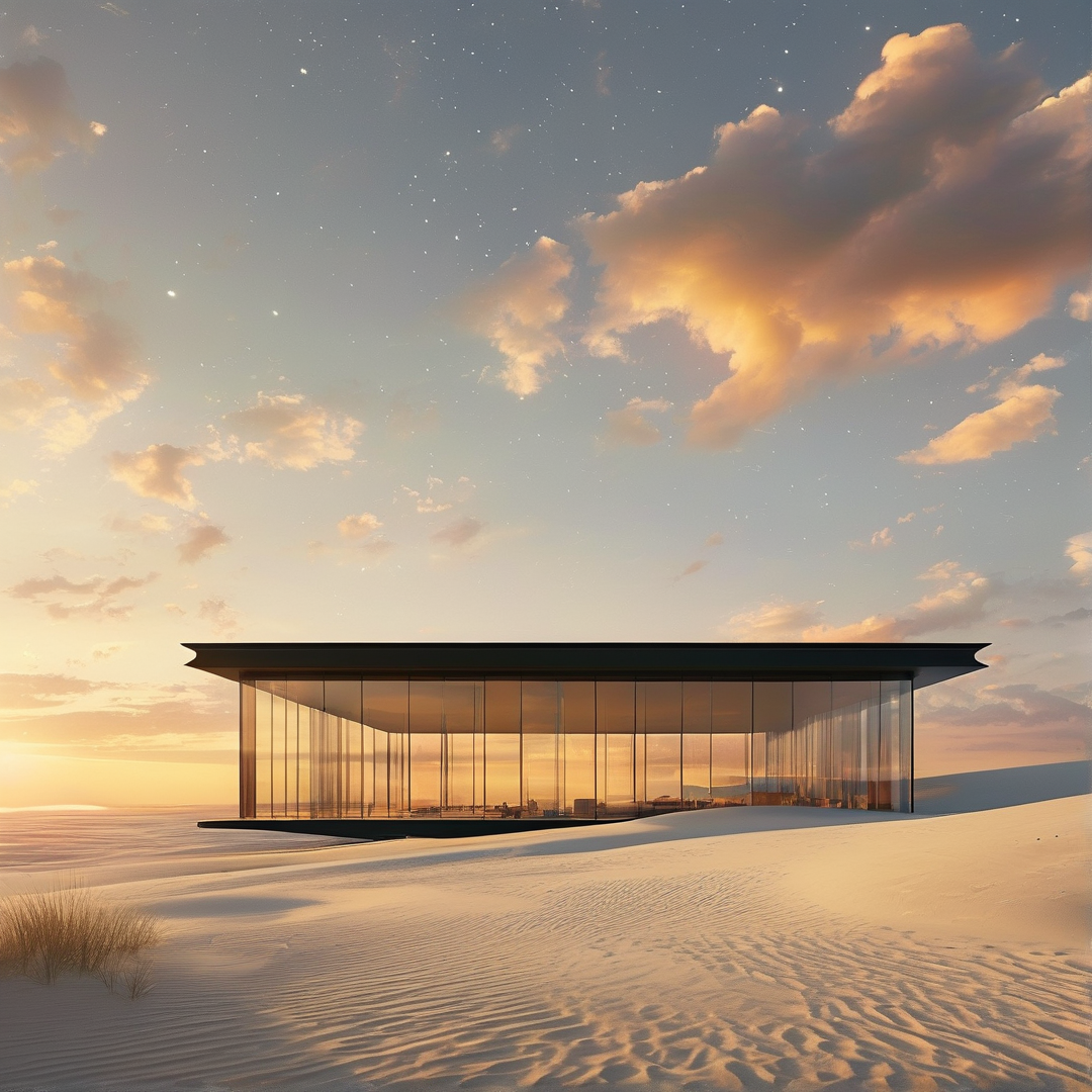 Modern Glass House in Desert Sunset