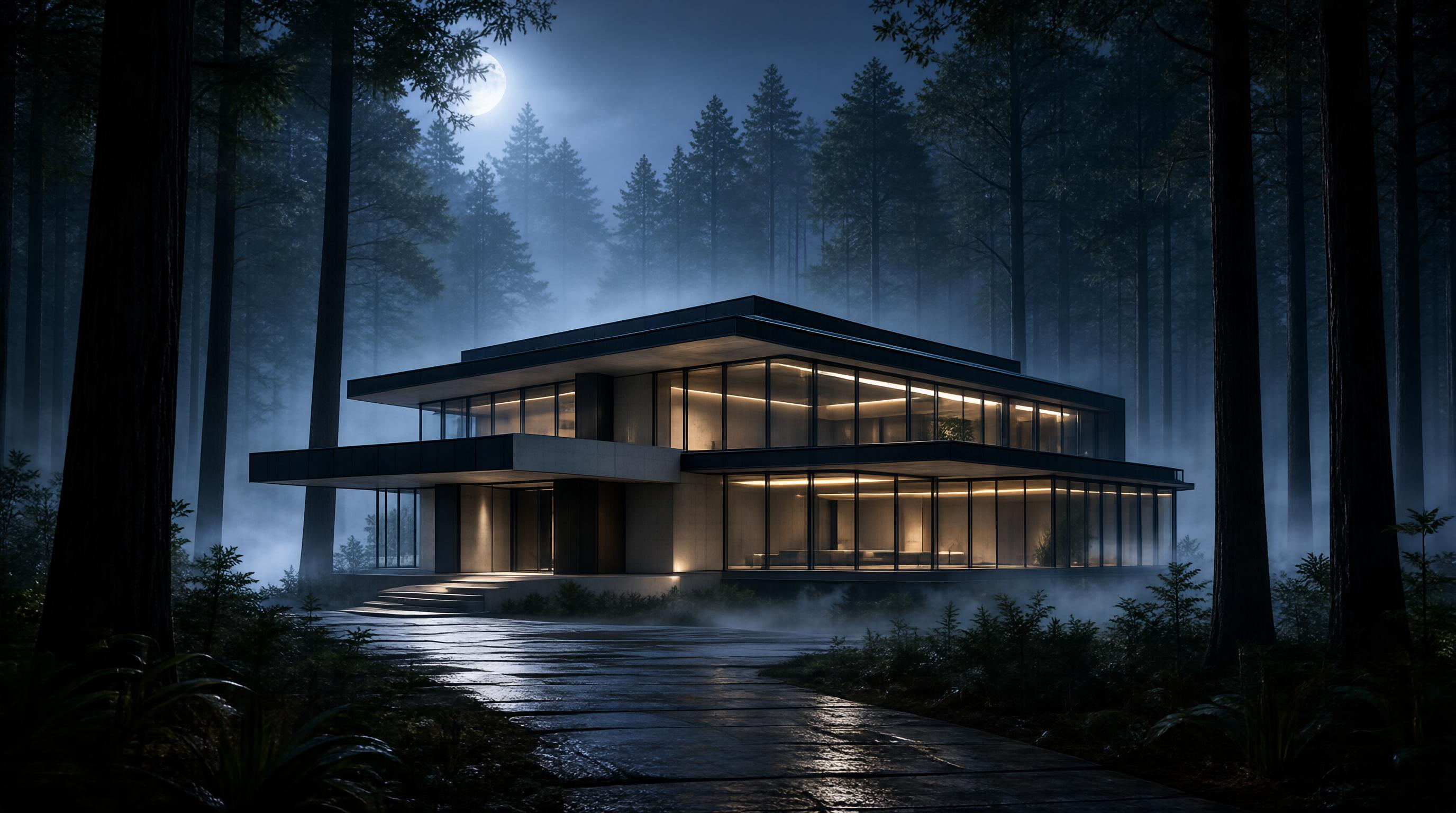 Modern House in Forest at Night