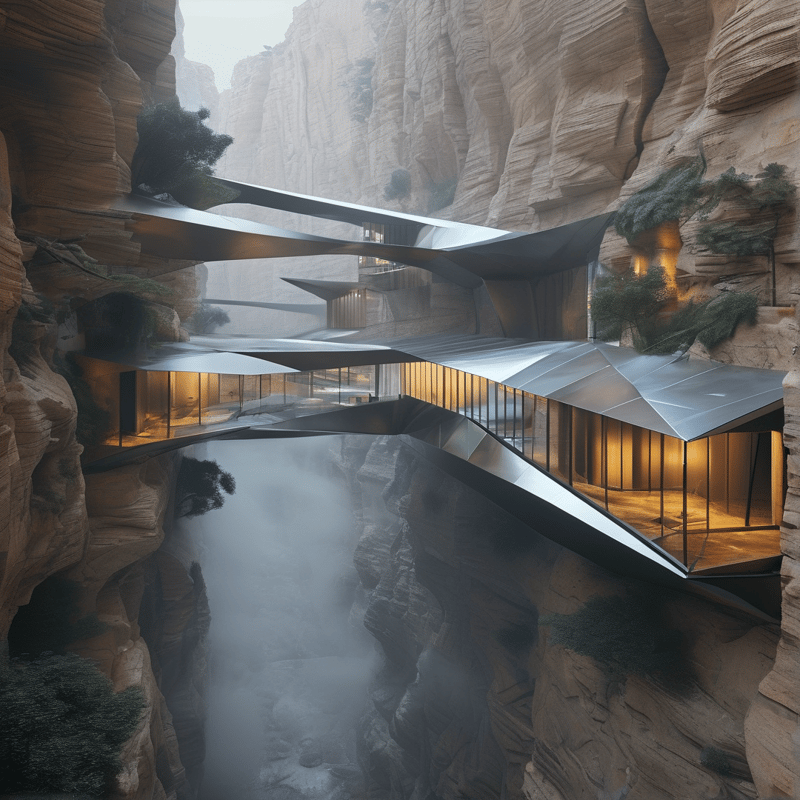 A futuristic building with metallic roofs hangs between rocky cliffs above a valley filled with thick fog.